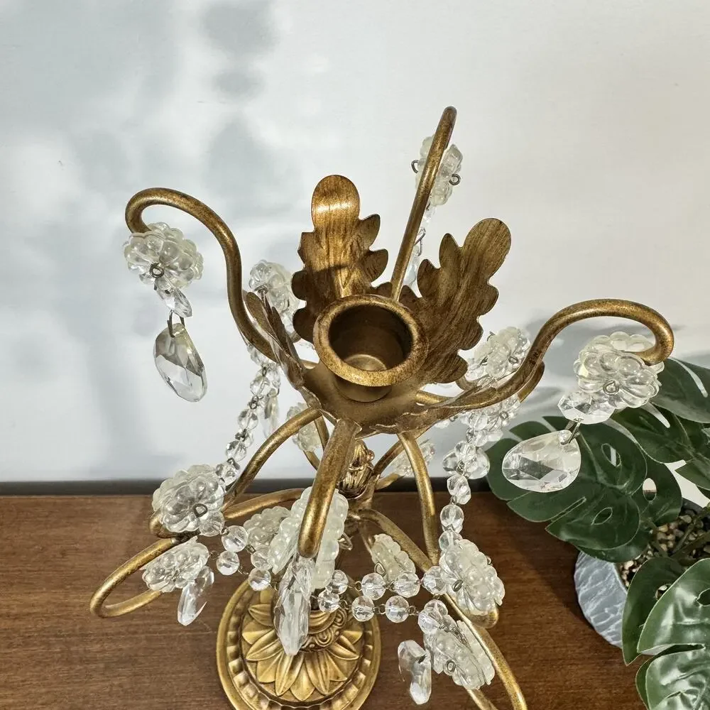Vintage Style Gold Metal Candle Holder with Clear Crystal Prisms 16
